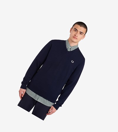 Fred Perry Klasické V Neck Jumper Pleteniny Panske Námornícka Modrá | 648517NPM