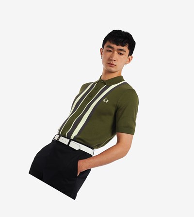 Fred Perry Striped Knitted Shirt Pleteniny Panske Zelene | 125734YAZ