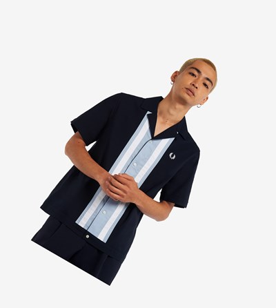 Fred Perry Striped Panel Bowling Kosele Panske Námornícka Modrá | 035967TIO