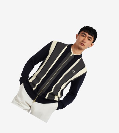 Fred Perry Striped Zip-Through Cardigan Pleteniny Panske Námornícka Modrá | 435687VIM